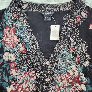 Citron Santa Monica Womens 2X Black Floral Silk Tunic Top With Ornate Button Det